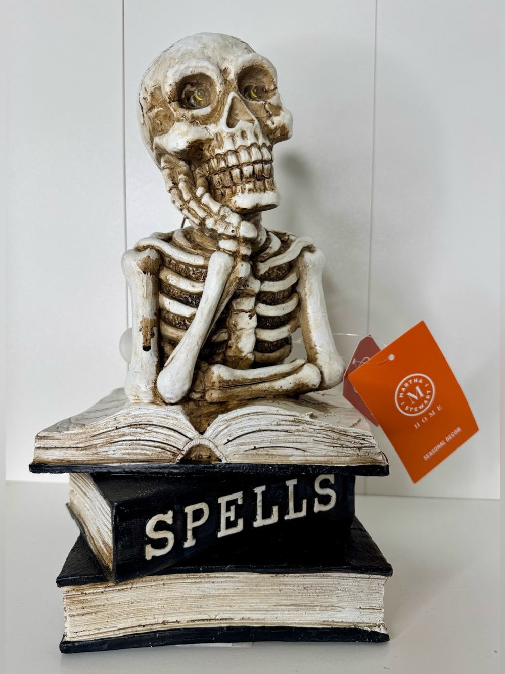 Martha Stewart Home Decor Bored Skeleton with Light Up Eyes on Spells Books NWT
